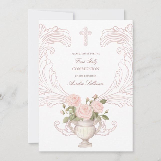 Invitation Delicate Roses Frame First Communion (Devant)