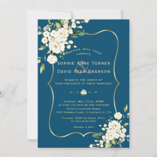 Invitation Delicate White Flowers Gold Frame Blue Wedding