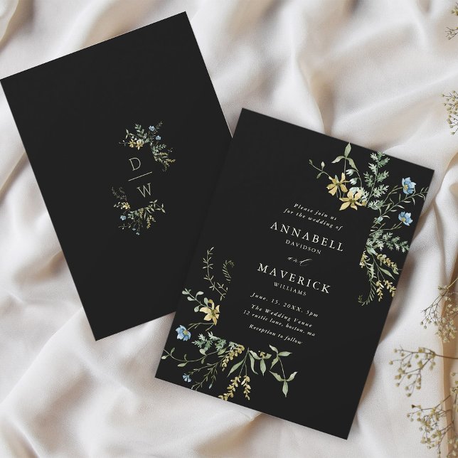 Invitation Delicic Fleur sauvage moderne Boho Mariage noir (Front & Back)