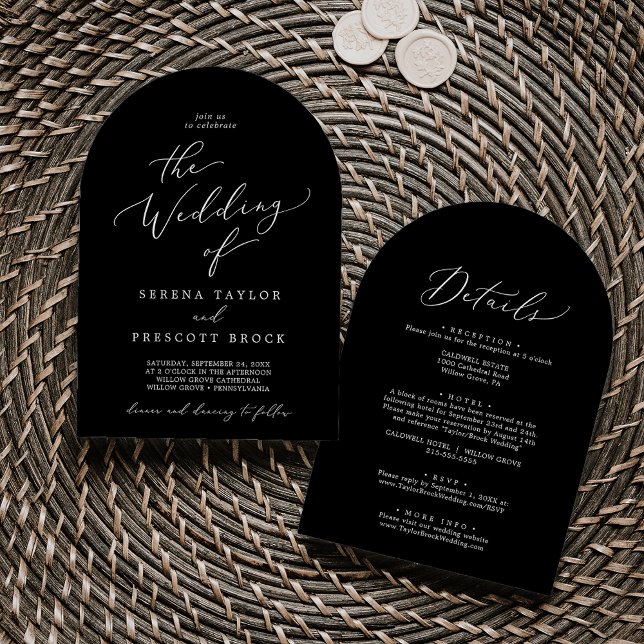 Invitation Delicic noir foncé tout en un Mariage d'arc modern (Delicate Dark Black All In One Modern Arch Wedding Invitation)