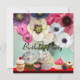 Invitation DÉLICIEUX CUPCAKES ANNIVERSAIRE FÊTE, rouge rose n