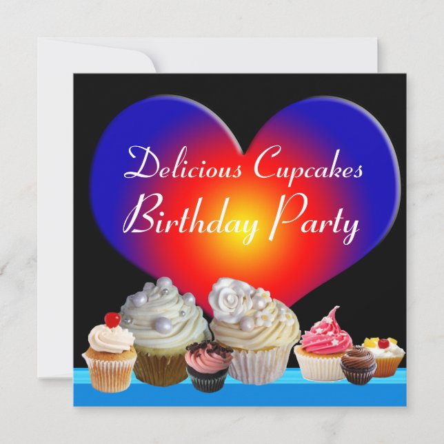 Invitation DÉLICIEUX CUPCAKES ANNIVERSAIRE PARTI bleu coeur r (Devant)