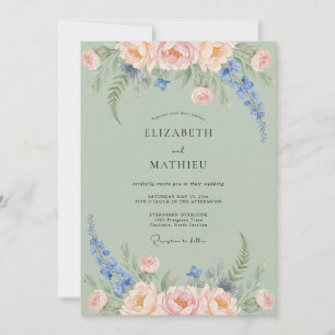 Invitation Delphinium Romance Mariage Vert Sauge et Pêche