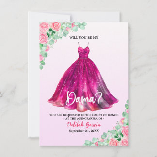 Invitation Demande de Dama de Quinceañera Formel Rose Élégant