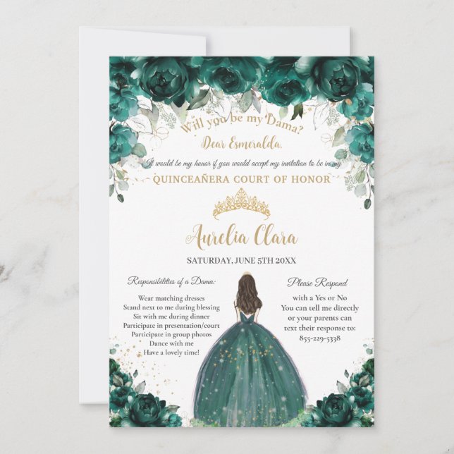 Invitation Demande de Dama Floral Vert Emeraude Quinceañera (Devant)