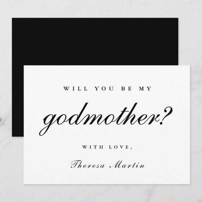 Invitation Demande de marraine simple et élégante en noir (Devant / Derrière)
