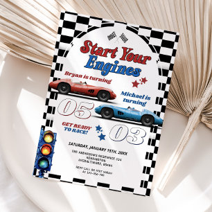Invitation Démarrez vos moteurs Retro Race Car Double Anniver