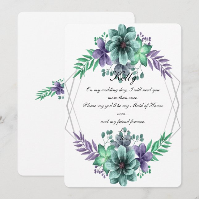 Invitation Demoiselle d'honneur florale à l'aquarelle verte e (Devant / Derrière)