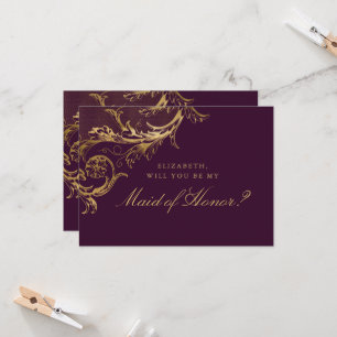 Invitation Demoiselle d'honneur florale damassée or violet vi