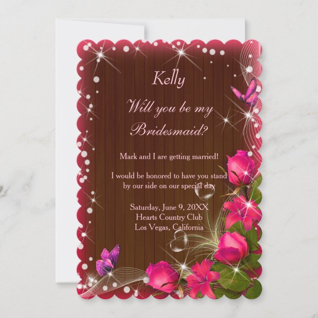Invitation Demoiselle d'honneur papillon floral rose bois fon (Devant)