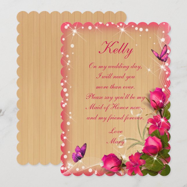 Invitation Demoiselle d'honneur papillon floral rose bois rus (Devant / Derrière)