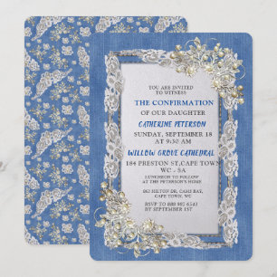 Invitation Denim avec dentelle de crème et perles