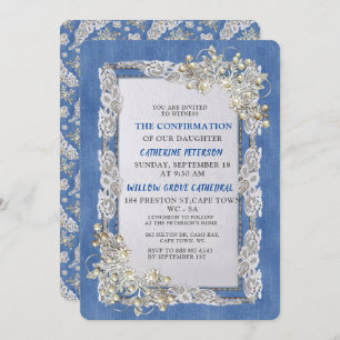 Invitation Denim avec dentelle de crème et perles