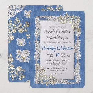 Invitation Denim avec dentelle de crème et perles