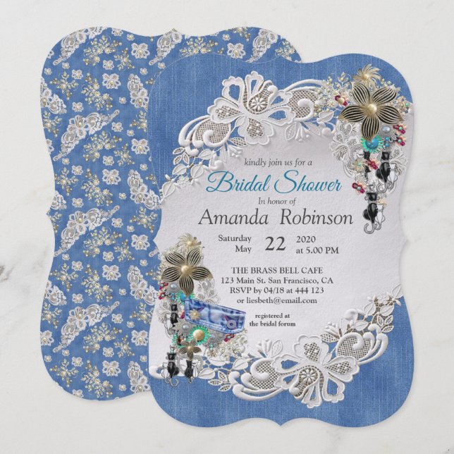 Invitation Dénim Bleu, dentelle - Bijoux costume (Devant / Derrière)
