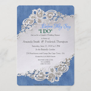 Invitation Dénim bleu, dentelle et perles d'ivoire