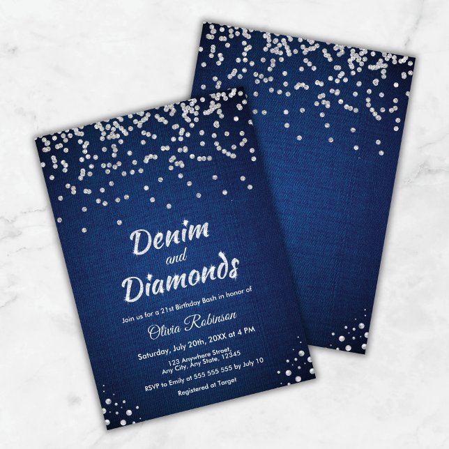 Invitation Denim bleu et diamants 21e anniversaire (Blue Denim and Diamonds 21st Birthday Invitation )