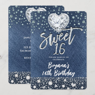 Invitation Denim & Bling Diamonds Fête d'anniversaire Sweet 1