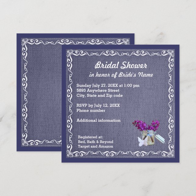 Invitation Denim Blue Burlap Purple Flower Jar Fête des marié (Devant / Derrière)