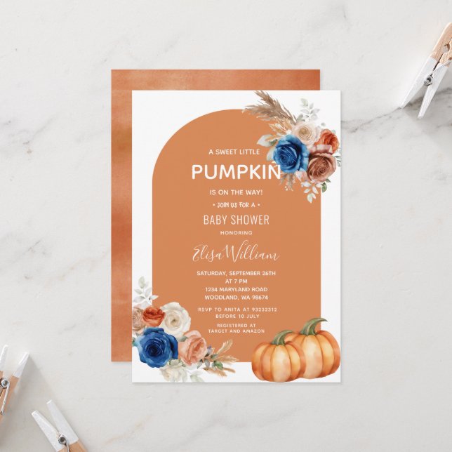 Invitation Denim Blue Rust Orange Citrouille Baby shower Flor (Devant/Arrière en situation)