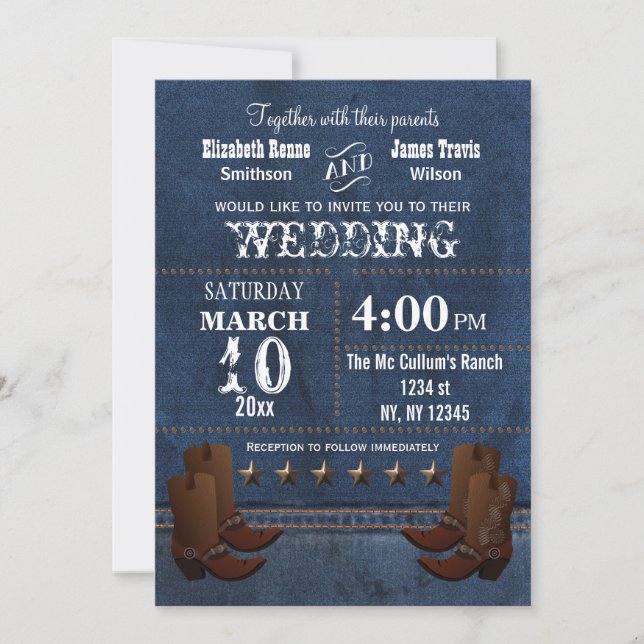 Invitation Denim Cowboy bottes Stars Occident mariage invite (Devant)