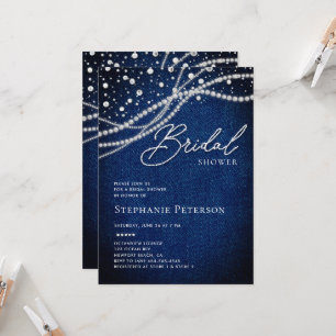 Invitation Denim Diamants Perles Bleu Blanc Shower de Mariage