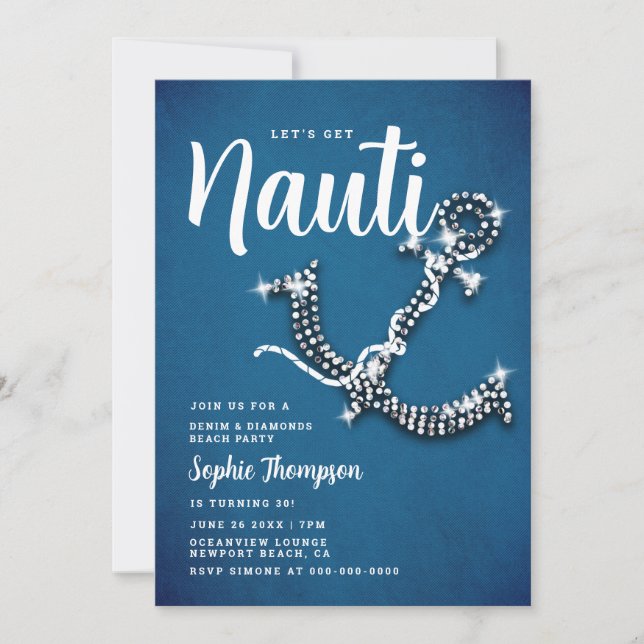 Invitation Denim Diamond Ancre Nauti Blue Anniversaire (Devant)