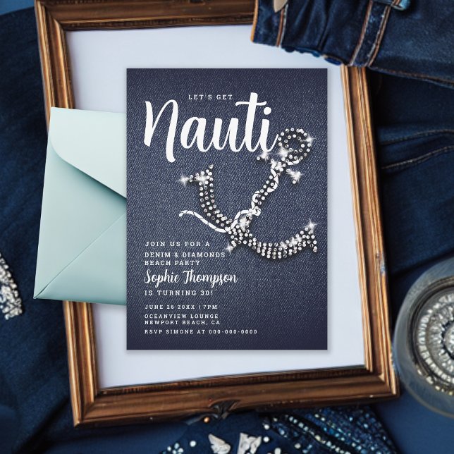 Invitation Denim Diamond Ancre Obtenez Nauti Anniversaire (Denim and Diamonds Boat Anchor 30th Birthday Party Invitation Jeans Bling Glitter Elegant Classy)