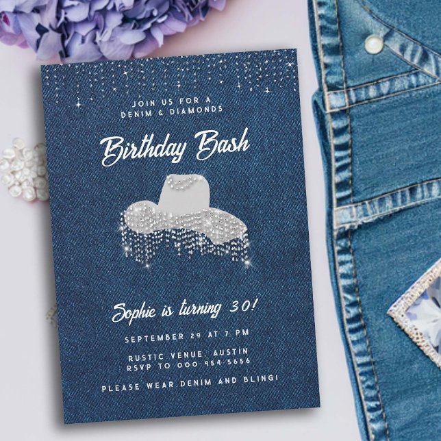 Invitation Denim Diamond Cowgirl Casquette Rhinestone 30e ann (denim and diamonds 30th birthday women elegant classy stylish jean cowgirl hat western country)