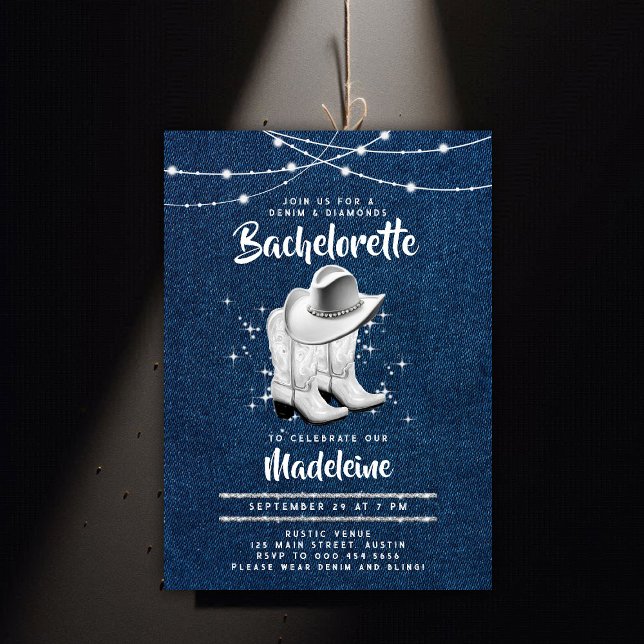 Invitation Denim Diamond Cowgirl Casquettes Bottes chic Bache (denim and diamonds bachelorette party invitation white cowgirl boots hat rhinestones rustic chic)