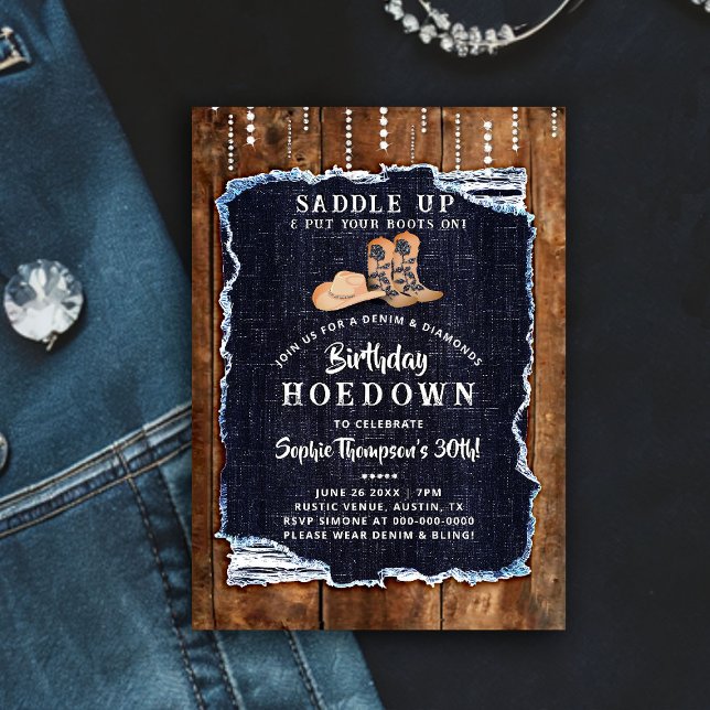 Invitation Denim Diamond Cowgirl Chic Rustic Hodown Anniversa (denim diamonds birthday party hoedown invitation rustic wood blue white cowgirl chic boots hat bling)