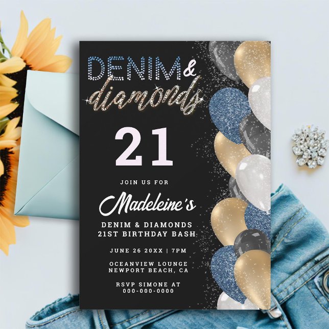 Invitation Denim Diamonds Balloons Arch Moderne 21e Anniversa (denim diamonds 21st birthday invitation for women balloons arch modern elegant classy stylish cute)