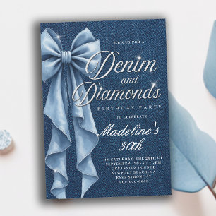 Invitation Denim Diamonds Blanc Bleu Nœud Glam 30e Anniversai
