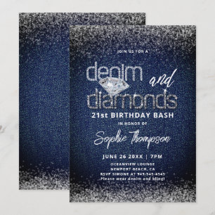 Invitation Denim Diamonds Bleu Blanc Élégant 21e Anniversaire