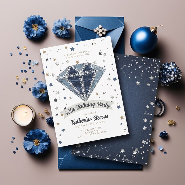 Invitation Denim Diamonds Bleu Blanc Parties scintillant 40e  (denim diamonds 40th birthday party invitation women white blue jeans rhinestones glitter star classy)