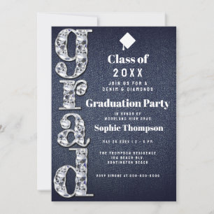 Invitation Denim Diamonds Bling 2023 Chic Graduation Party