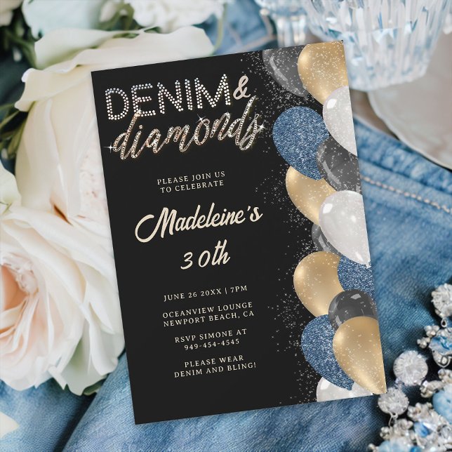 Invitation Denim Diamonds Bling Balloons Noir 30e anniversair (denim and diamonds 30th birthday party invitation women balloons arch black gold elegant classy)