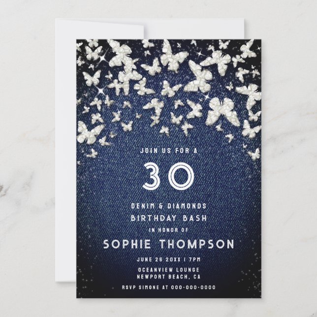 Invitation Denim Diamonds Bling Butterfly 30th Birthday Party (Devant)
