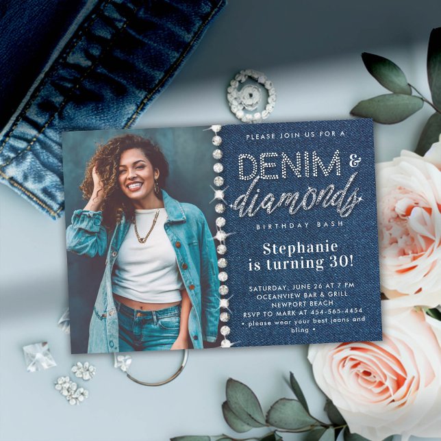 Invitation Denim Diamonds Bling Classy Photo 30e anniversaire (denim and diamonds party 30th birthday invitation for women blue white photo classy bling glitz chic)