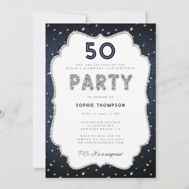 Invitation Denim Diamonds Bling Frame 50e Anniversaire (Devant)