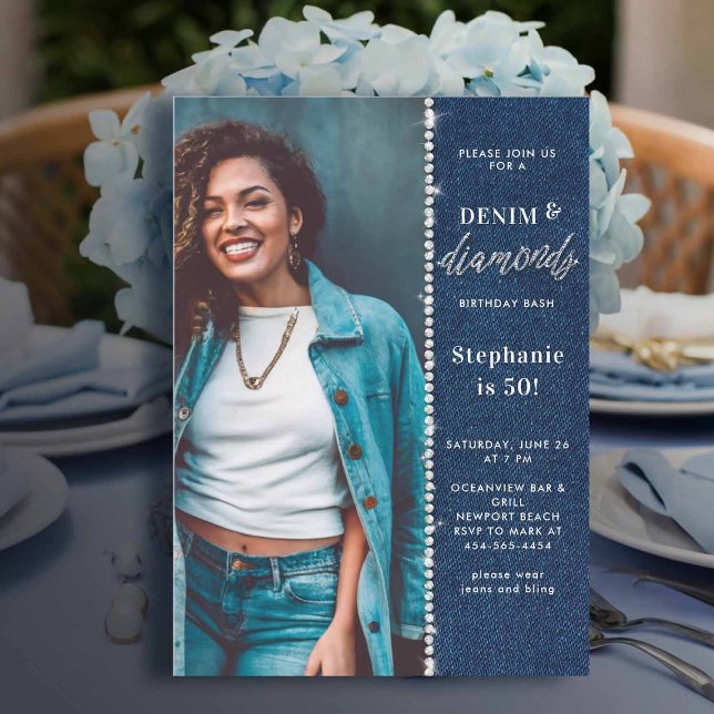 Invitation Denim Diamonds Bling Glitzy Photo 50e anniversaire (denim and diamonds birthday party women 50th elegant classy glitzy photo template chic)