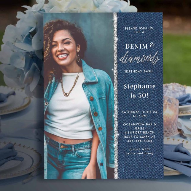 Invitation Denim Diamonds Bling Paillettes Photo 50e Annivers (denim and diamonds birthday party women 50th elegant classy photo template chic)