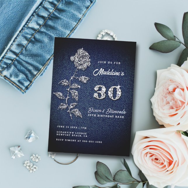 Invitation Denim Diamonds Bling Rose 30e fête d'anniversaire (elegant denim and diamonds 30th birthday party invitation for women bling rose classy romantic boho)