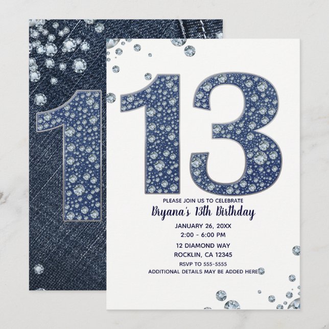 Invitation Denim & Diamonds Bling Sparkle 13e 13 Anniversaire (Devant / Derrière)