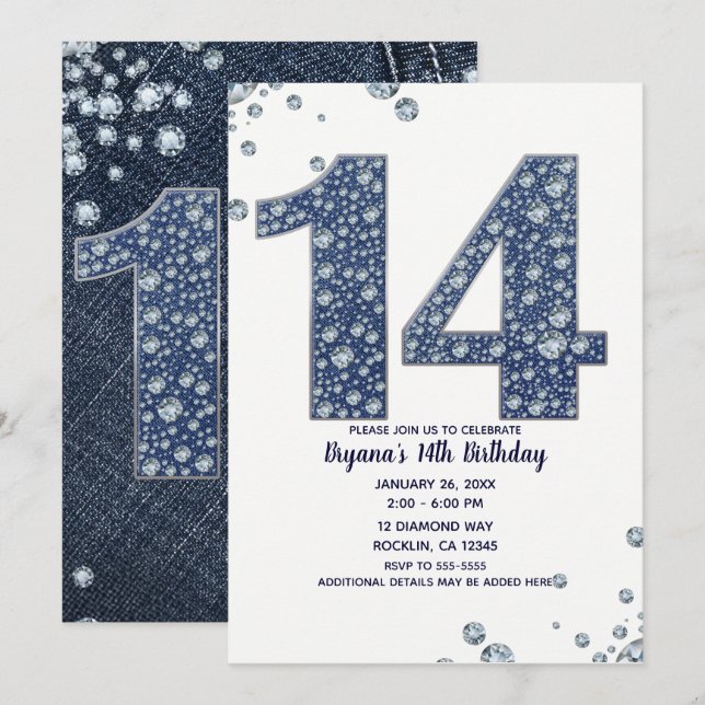 Invitation Denim & Diamonds Bling Sparkle 14e 14 Anniversaire (Devant / Derrière)