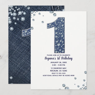 Invitation Denim & Diamonds Bling Sparkle 1er Anniversaire 1