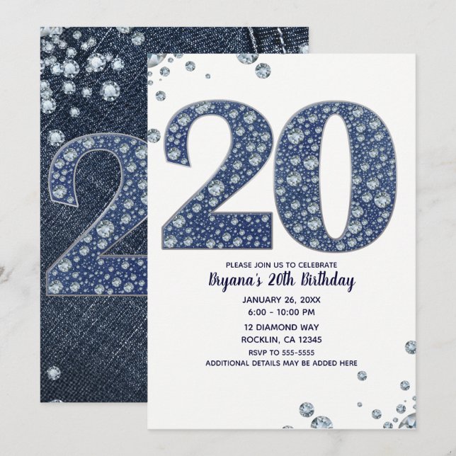 Invitation Denim & Diamonds Bling Sparkle 20E 20 Anniversaire (Devant / Derrière)