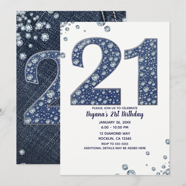Invitation Denim & Diamonds Bling Sparkle 21e 21 Anniversaire (Devant / Derrière)