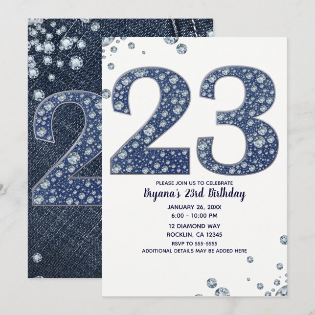 Invitation Denim & Diamonds Bling Sparkle 23 23e anniversaire (Devant / Derrière)