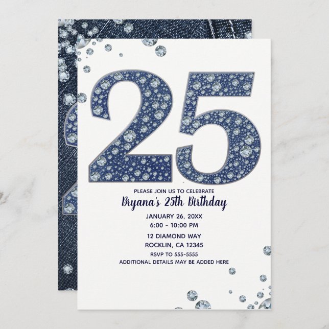 Invitation Denim & Diamonds Bling Sparkle 25 25e anniversaire (Devant / Derrière)